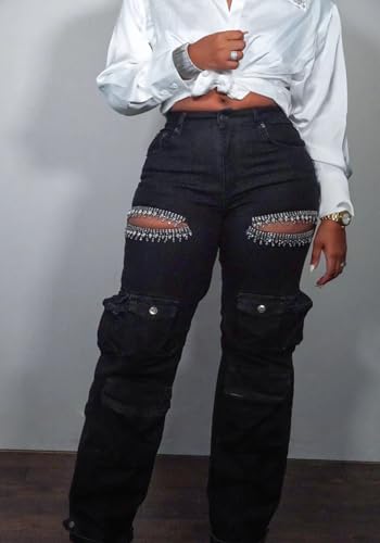 Ecirod Wide Leg Cargo Pants Woman Baggy Ripped Rhinestones Jeans Straight Leg High Waisted Denim Pants with Pockets4