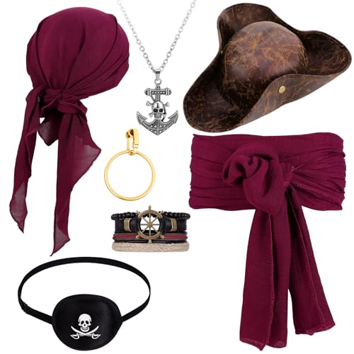 Camptrip 7 Stück Piratenkostüm Damen Herren mit Piratenhut Piratentuch Hüfte Tuch Augenklappe Ohrringe Ankerkette & Armband Pirate Accessories für Karneval Halloween Cosplay