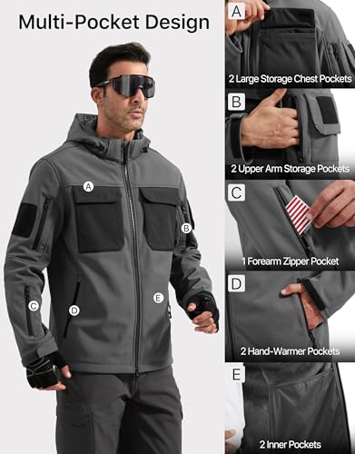 Image of FREE SOLDIER Men's Waterproof Softshell Jacket Fleece Lined Outdoor Jacket Tactical Military Hoodie Windbreaker