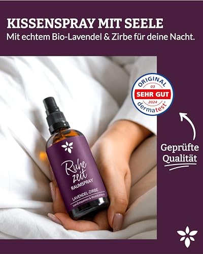 Heldengrün® Kissenspray zum Einschlafen 'Ruhezeit' [ECHTE BIO-ÖLE] Dermatologisch getestet - Kopfkissenspray mit Bio-Lavendel & Zirbe - Schlafwohl Kissenpray