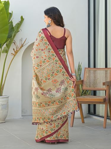Image of SIRIL Women's Pure Cotton Geometric Printed Saree With Unstitched Blouse Piece