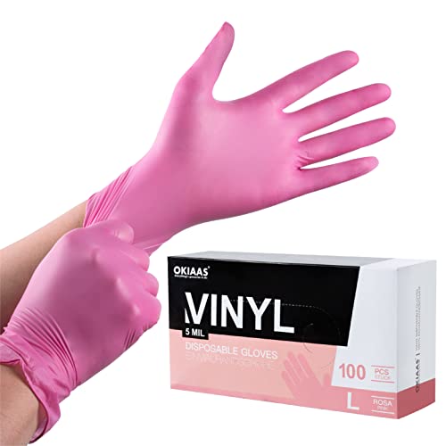 OKIAAS Guantes desechables rosado L | Guantes de vinilo sin látex para el hogar, manipulación de alimentos, trabajos de laboratorios y más | Grandes, 100 unidades/caja