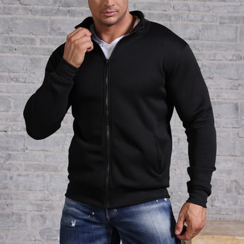 LAOARA Herren Sweatjacke Pullover Hoodie Sweatshirt ohne Kapuze mit Reißverschluss Zipper Fleecejacke Schwarz M