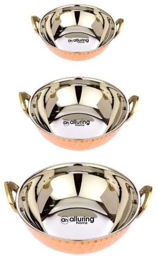 Alluring Homz Hammered Design Copper Steel Serving Kadhai Wok Bowl- Home, Hotel, Restaurant, Tableware,Copper with Brass Handle for Serving Set of 3 (400 ML & 600 ML & 800 ML)