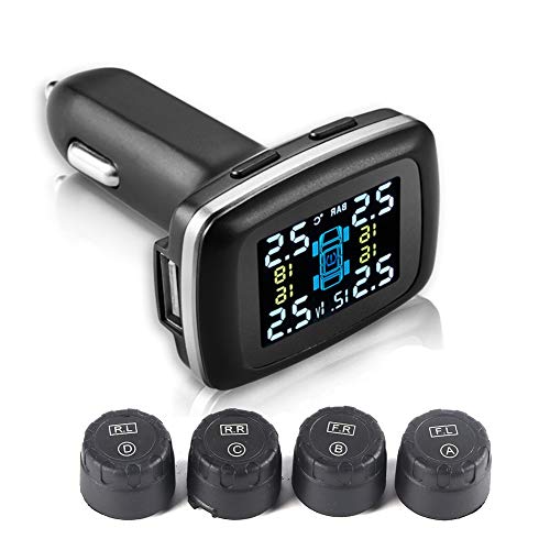Car External TPMS Cigarette Lighter Style Automatic Tire Pressure Alarm System Digital Tire Pressure Monitoring System with 4 External Sensors Suitable for Pickup Trucks Car SUV
