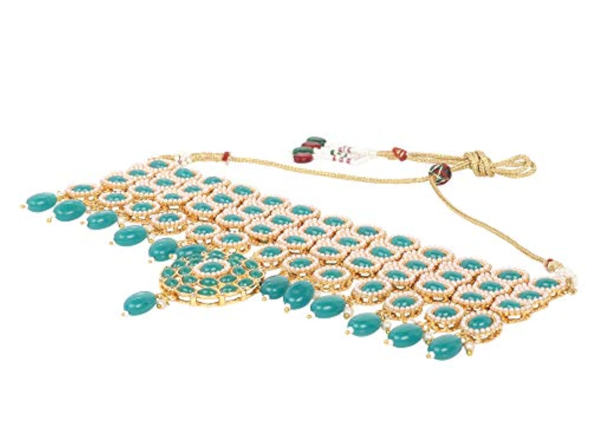 Plated Traditional Emerald Stones Pearl Choker Necklace Set with Drop Earrings