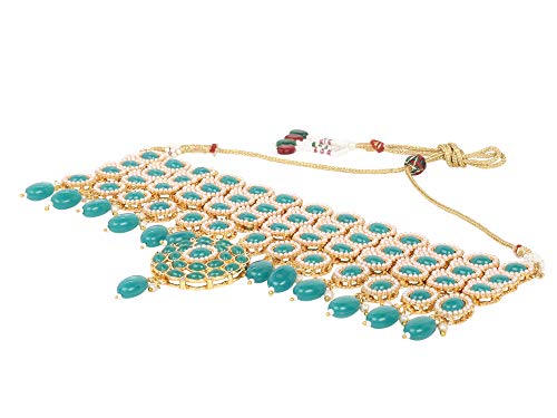 Plated Traditional Emerald Stones Pearl Choker Necklace Set with Drop Earrings