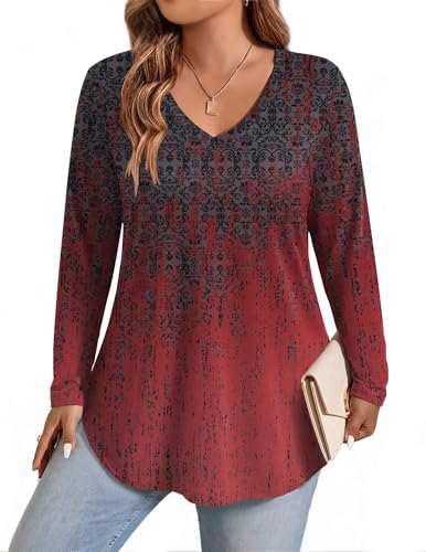 IN'VOLAND Plus Size Womens Tops Long Sleeve V Neck Casual Loose T-Shirt