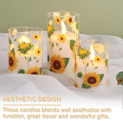 Image of Sunflower Glass Flameless Pillar Candles with Remote, Flickering LED Battery Candles Summer Home Decor Set of 3