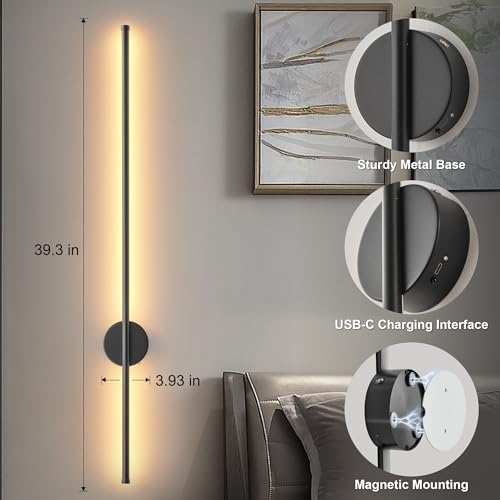 Image of Battery Operated Modern Wall Sconces Set of Two,Rechargeable Wireless Wall Lights with Remote Control,Dimmable,3CCT,Timer,360Rotation,Cordless Lighting for Bedroom,Living Room,Hallway,Black,39.3 Inch
