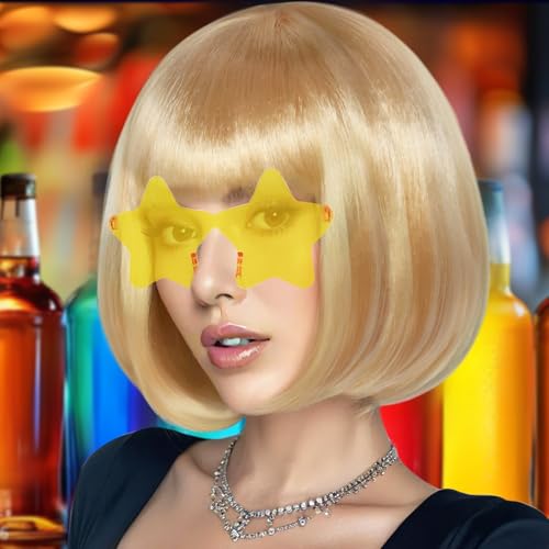 Image of ANOGOL Blonde Bob Wig with Bangs Blonde Golden Wigs for Women Colored Wigs | Hair Cap+Sunglasses Short Neon Wig for Bachelorette Party Funny Outfit for Women Halloween Costume Night Club Crazy Hair Day