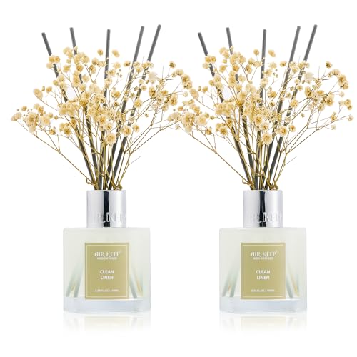 Image of Airkeep Reed Diffuser 3.38 oz (100ml) 2pk, Clean Linen Scented Reed Diffuser Set,Reed Diffuser & Oil Diffuser Sticks, Aromatherapy, Airkeep Reed Diffuser Set Box 2-Clean Linen