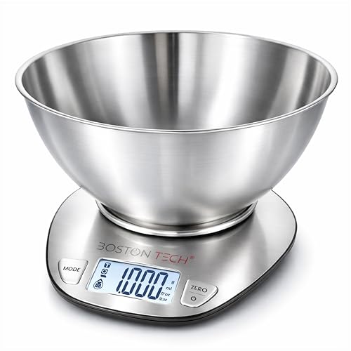 Boston Tech Báscula de Cocina Digital con Bol Desmontable - Acero Inoxidable, Alta Precisión, Impermeable, Capacidad 5kg, Pantalla LCD, Función Tara, Recetario Incluido