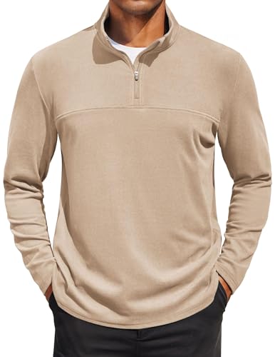 COOFANDY Mens Quarter Zip Sweatshirt Long Sleeve Casual Zipper Up Pullover Top Stretch Polo Classic Mock Neck Shirts Khaki