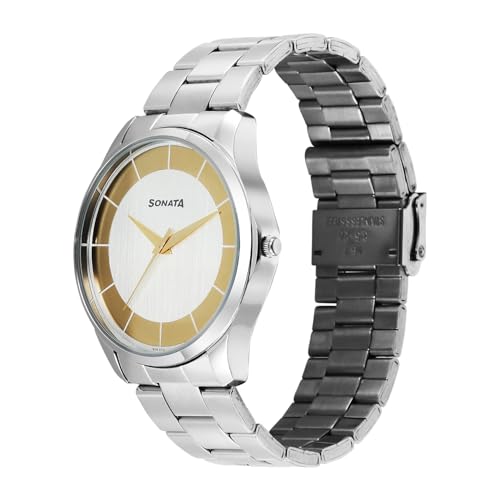 Image of Sonata Traditional Essentials Quartz Silver Gold Round Dial Men's Watch | Analog Watch | Watches for Men Analog - 77163SM01W
