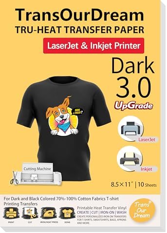 TransOurDream Iron on Heat Transfer Paper for Dark T Shirts (10 Sheets 8.5x11, Dark 3.0) Printable HTV Vinyl for Inkjet & Laserjet Printer, Transfers Paper for Dark Fabric