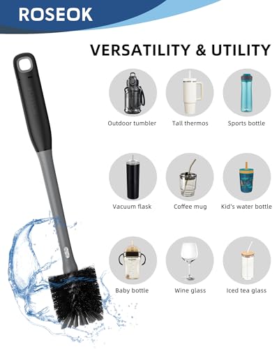 Image of ROSEOK 2 in 1 Bottle Brush with Straw Cleaner Brush, Water Bottle Brush | For Cleaning Glass, Sports Bottle, Coffee Mug, Cup Cleaner, Black, 1 Pack