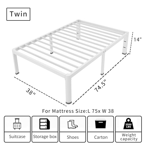 ROIL 14 Inch White Twin Size Bed Frame with Rounded Corner and Headboard Hole Mattress Retainers 3500LBS Heavy Duty Steel Slats No Box Spring Needed Platform Noise-Free Easy Assembly