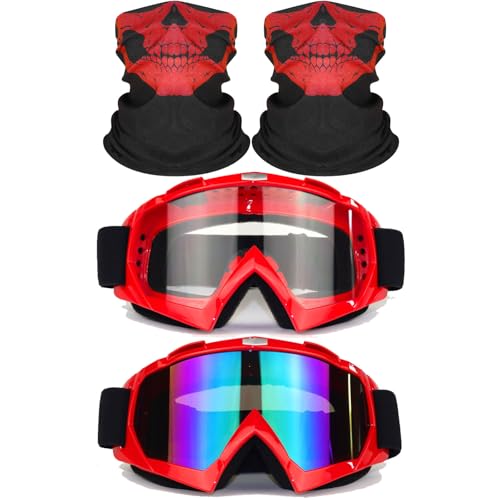 immoono 4PCS Motorcycle Set, 2 Dirt Bike Ski Goggles UV Protection Dustproof Windproof Safety Glasses with 2 Skull Face Mask, Red Frame Colorful and Clear Lenses with Red Skull Neck Gaiters