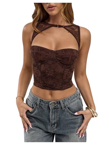 WDIRARA Women's Cut Out Lace Crop Bustier Corset Tank Top Sexy Going Out Party Club Tops Coffee Brown Small