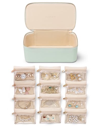 Vlando Travel Jewelry Case,Jewelry Box with 12 Pcs Clear Velvet Jewelry Bags, PU Leather Jewelry Organizer for Christmas Gifts Bridesmaid Gifts Birthday Preppy Gift-Mint Green