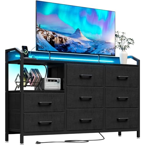 KKL Black Dresser for Bedroom with Light Strip & Power Outlet — 8 Drawers TV Stand with Shelf, Wood Top, Metal Frame, Wide Dressers for Bedroom, Living Room, Hallway, Closet