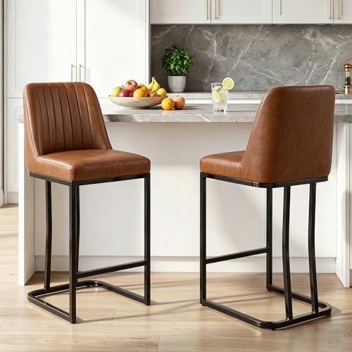 Image of LSSBOUGHT Counter Height Bar Stools Set of 4,24'' Upholstered Padded Bar Chairs with Black Metal Iron Frame,Faux Leather Island Chairs(Brown, 4pcs)