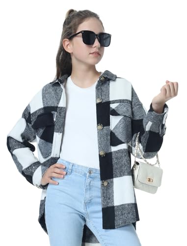 Image of Mebius Girls Shacket Jacket Long Sleeve Plaid /Corduroy Color Block Button Down Casual Collared Shirt with Pocket