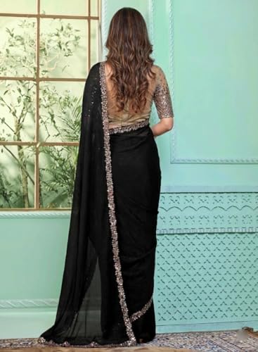 Image of Women's Bollywood Heavy Sequins Embroidery Work Georgette Saree with Unstitched Blouse