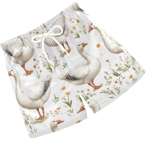 Pigsaly Boys' Swim Board Shorts Spring Flowers White Geese Goose Boy's Swim Trunks Kids Swimwear 2T