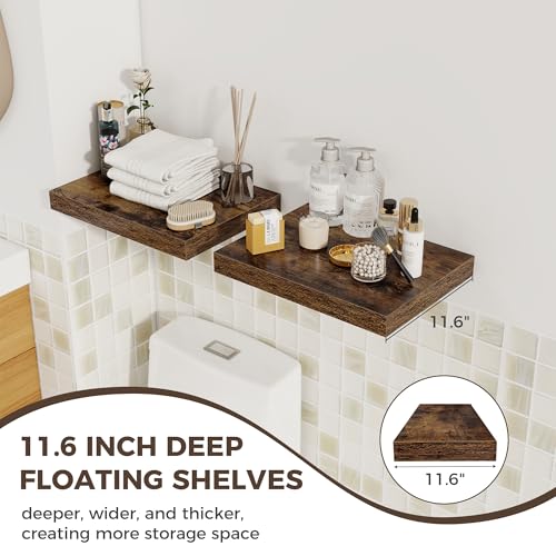 Image of Fun Memories 12 Inch Deep Floating Shelves, 16 x 12 Wooden Wall Shelves, Extra Deeper & Thicker Rustic Wall Mounted Storage Shelf for Fireplace, Living Room, Kitchen, Farmhouse, Rustic Brown - 2Pack