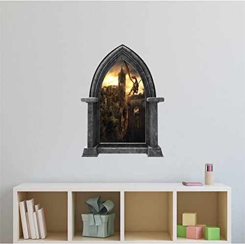 Castle Window Wall Decal - Dragon Wall Murals - Instant 3D Window View - Fairy Tale Wall Sticker - Castle Scape Dragon Kingdom #1 Granite 24" #TOP4