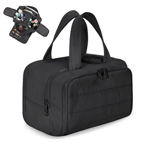 Travel Toiletry Bag, Puffy Large Elouva Toiletry Bag for Women,4-in-1 Lightweight Waterproof Cosmetic Makeup Bag Organizer with Handle for Traveling, Accessories, Essentials, Toiletries (Black)