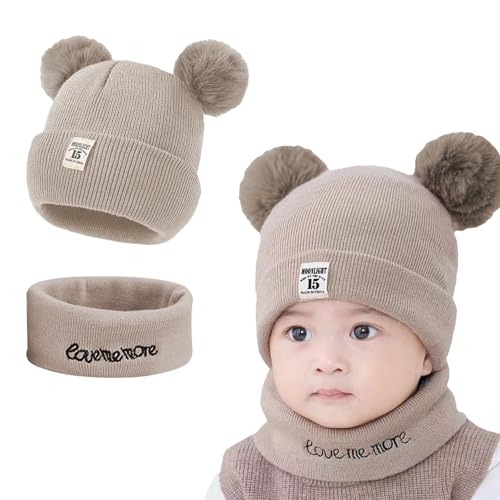 KASESSS Chapeau et Écharpe de Bébé d'hiver Set, Bonnet Bebe Naissance, Bonnet Naissance, Chapeaux pour Bébé Double Pompon Bonnets Hiver Bébé Bonnets Echarpe Enfant pour Fille Garçon de 0 à 24 Mois