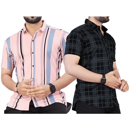 Image of LookMark Men's Trendy Lycra Blend Spread Collar Half Sleeve Printed Shirts - Elevate Your Style with Comfort and Versatility (Pack of 2)