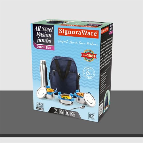 Image of SignoraWare All Steel Fusion Jumbo Stainless Steel Lunch Box | Airtight & Leakproof | Ideal for Office, School, Travel & Outdoor Use (500mlx2 + 350ml + 1 LTR | Set of 4 | TBlue)