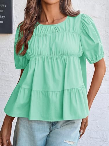 Image of Tankaneo Womens Puff Sleeve Peplum Babydoll Tops Summer Flowy Pleated Cotton T-Shirts Casual Loose Fit Cute Blouse