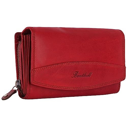 Benthill Damen Geldbörse Leder XXL - Großes Portemonnaie mit RFID Schutz - Echtleder Vintage Damenbörse inkl. Geschenkbox, Farbe:Rot