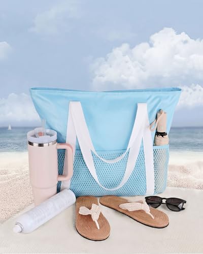 Image of HOMESPON Beach Bag Large Waterproof Sandproof Tote for Women with Zipper and Mesh Pockets