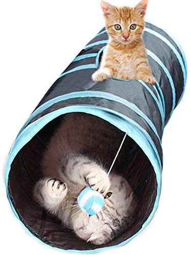 SunGrow Collapsible Cat Tunnel, 36 Inches Long with 3 Openings, Interactive Play Toy with Peep Hole and Crinkle Ball, Ideal for Multi-Cat and Independent Play