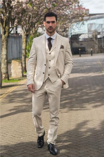 TruClothing Men's Suit Beige 3 Piece Lightweight Linen Summer Wedding Formal Dress Suits2