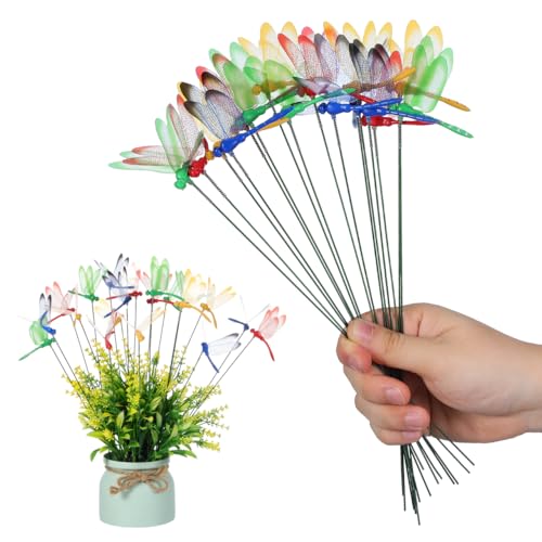 Toddmomy Dragonfly Garden Stakes 20Pcs 3D Decorative Outdoor Floral Picks for Yard Patio Waterproof PVC Flower Arrangements with Fluttering Spring Wings