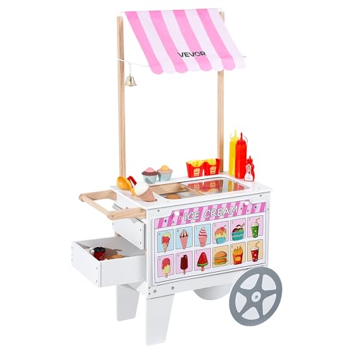 VEVOR Ice Cream Cart for Kids, 20+ PCS Accessories, Pretend Play Ice Cream Shop Kitchen Food Toys with Ice Cream Cone & Popsicle, Awning & Freezer, Storage Drawers & Flipping Menus, for Kids Aged 3-7