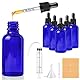 CoKeeSun 5 Stück 50ml Glasflasche mit Pipette, Wiederverwendbar Pipettenflasche, Blau Apothekerflasche mit Trichter, Spritze, Etikett für Ätherische Öle Aromatherapie-Düfte