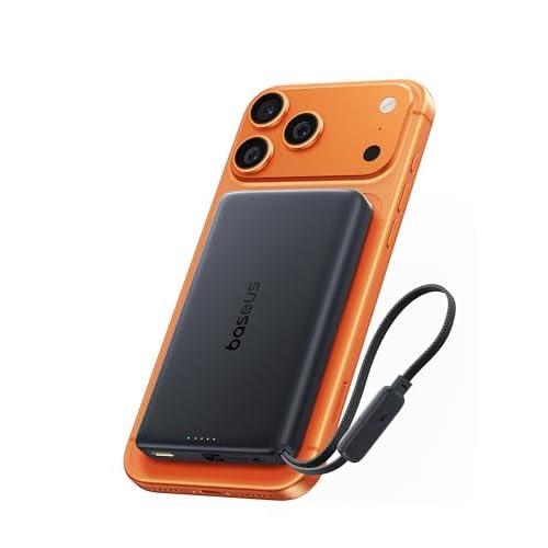 Baseus Picogo AM52 MagSafe Power Bank, Qi2.2 25W 10,000mAh Magnetic Portable Charger, 0.6" Slim Built-in 45W USB-C Cable, Alloy Fast Charging Wireless Battery Pack for iPhone 17/16/15/14/13/
