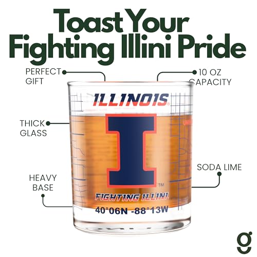 Image of Greenline Goods University of Illinois Fighting Illini Whiskey Glasses Set of 2, 10 oz Rocks Glasses with Full-Color Logo & Campus Map - Officially Licensed Bourbon Glass Gift for Alumni & Fans