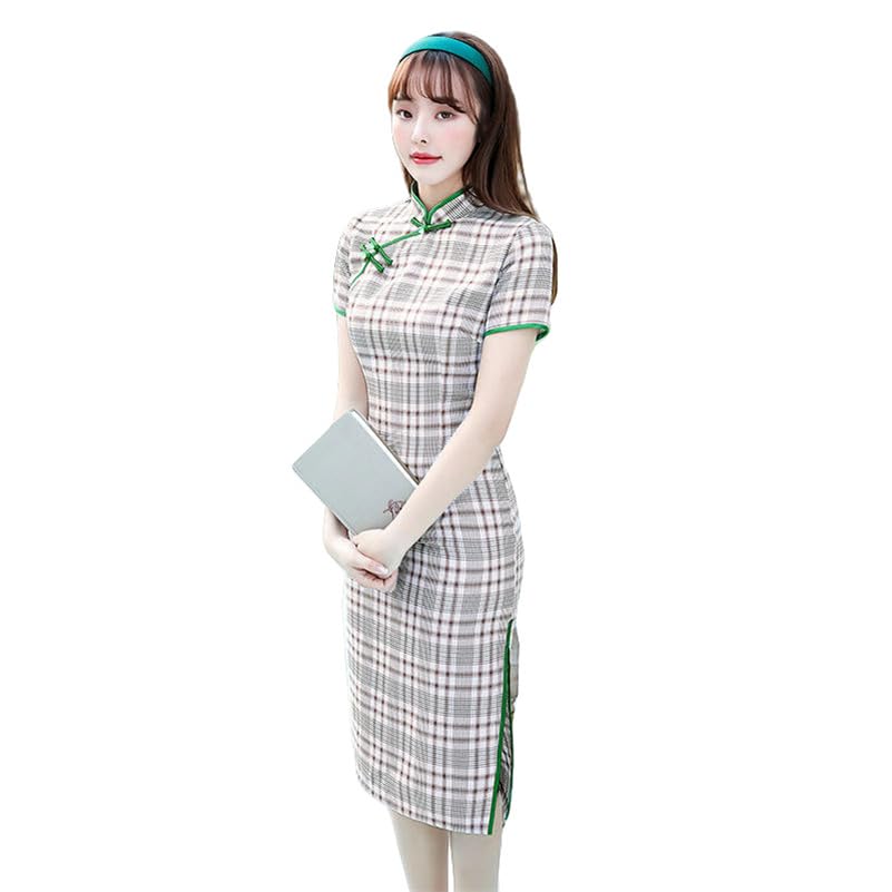 Robe de soirée à carreaux mi-longue en coton femme style République Cheongsam
