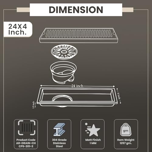 Image of EVANEX Bathroom Drainer | 24x4 Inches Shower Drain Channel | Waste Water Linear Floor Drain Channel | 304 Stainless Steel Bathroom Drainer with Anti Cockroach Trap | Bathroom Jali