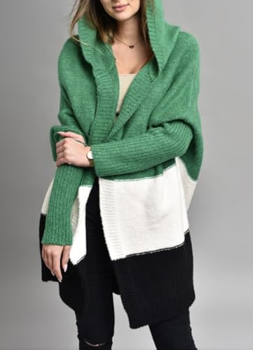 Image of Women's Oversized Hooded Cardigan Color Block Open Front Sweater Chunky Knit Long Coatigan Coat