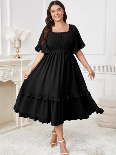 Image of SCOMCHIC Women's Plus Size Maxi Dresses Summer Short Sleeve Square Neck Smocked Wedding Guest Cocktail Boho Long Dress